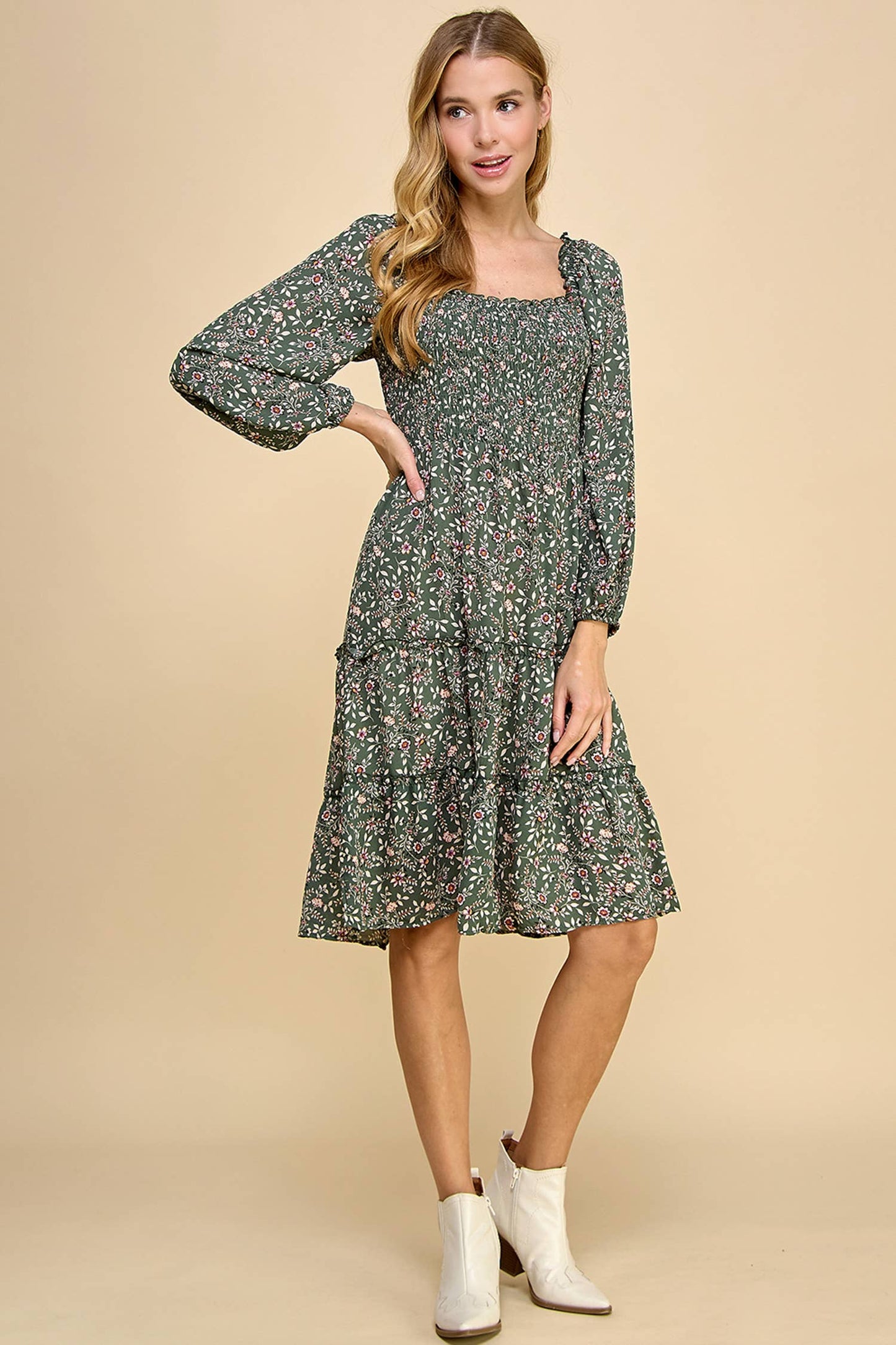 TIERED DRESS W/SMOCKING & LONG SLEEVE