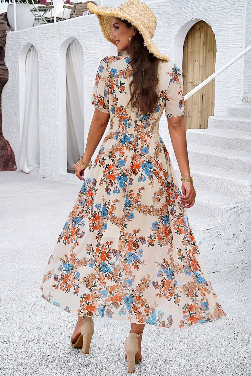 V-Neck Short Sleeve Floral Print Midi Dress