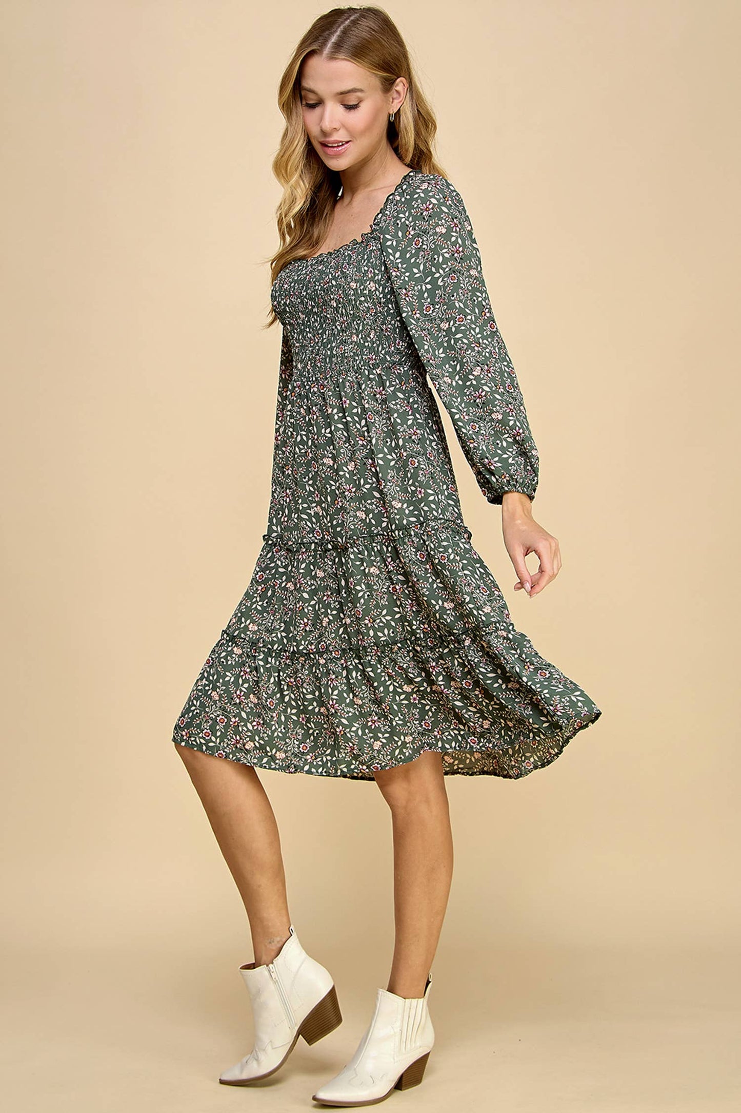 TIERED DRESS W/SMOCKING & LONG SLEEVE