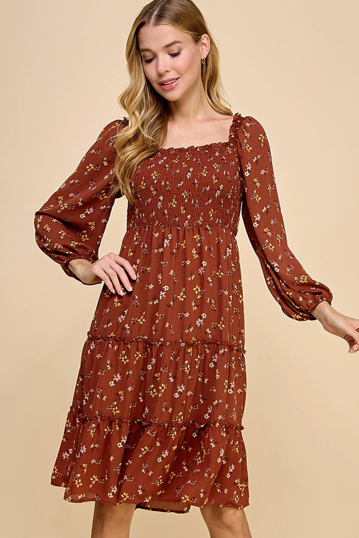 TIERED DRESS W/SMOCKING & LONG SLEEVE