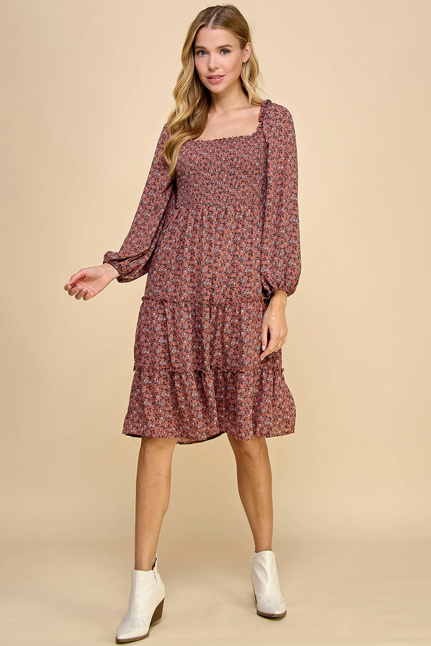 TIERED DRESS W/SMOCKING & LONG SLEEVE
