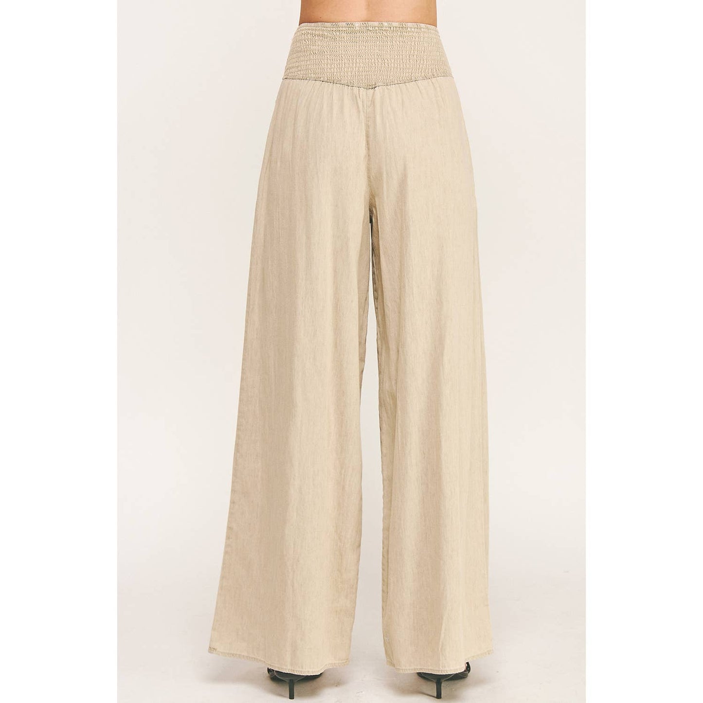 RELAXED SMOCKED WAIST WIDE LEG COTTON PANTS