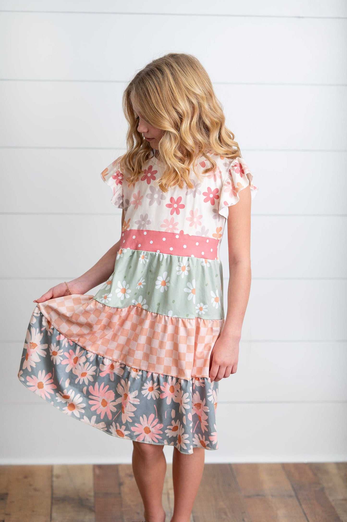 Kids Daisy & Checkered Tiered Dress