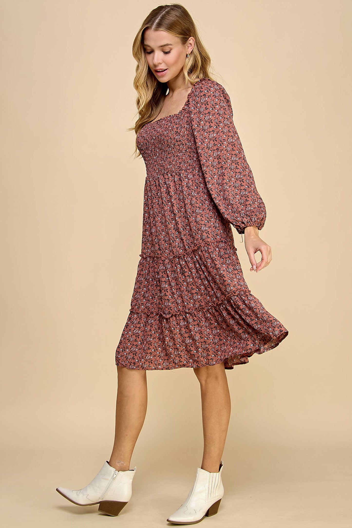 TIERED DRESS W/SMOCKING & LONG SLEEVE