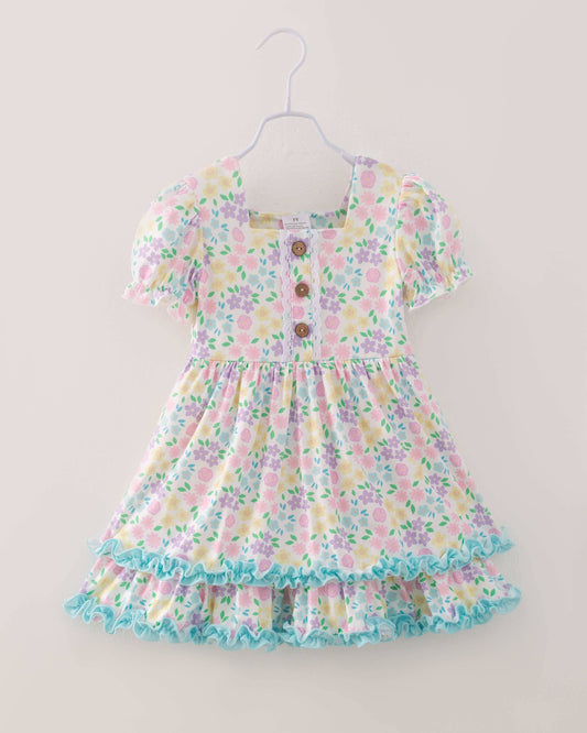 Spring Floral Puff Sleeves Ruffle Girl Dress