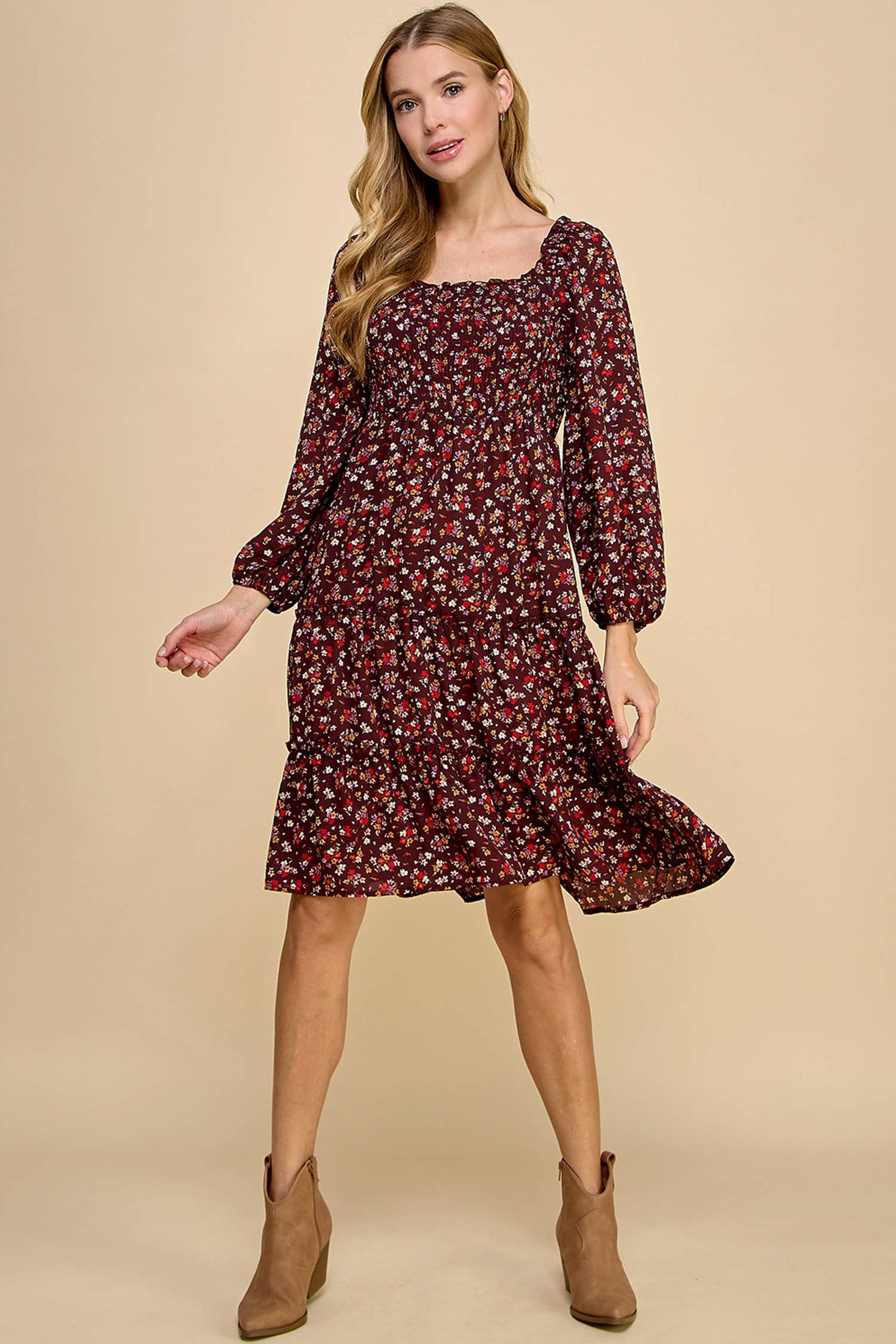 TIERED DRESS W/SMOCKING & LONG SLEEVE