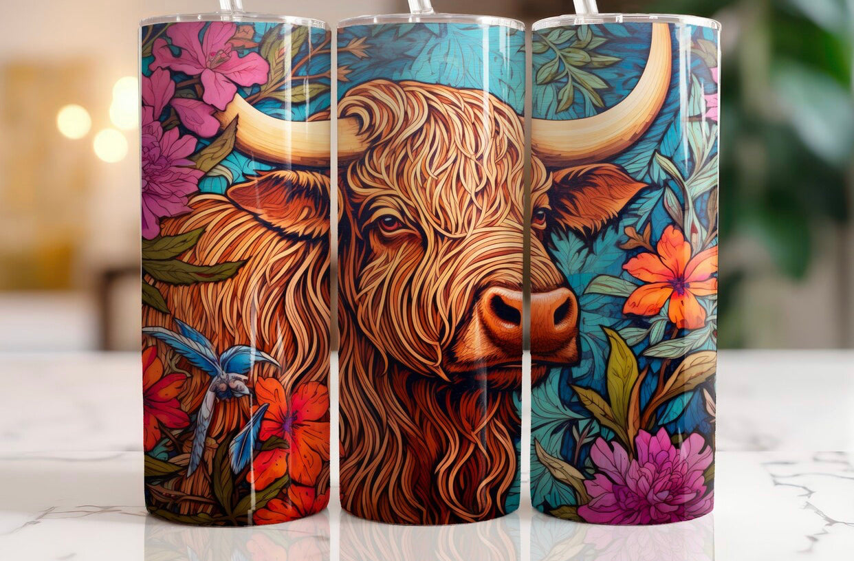 20oz. Tumbler Highland Cow floral 3D