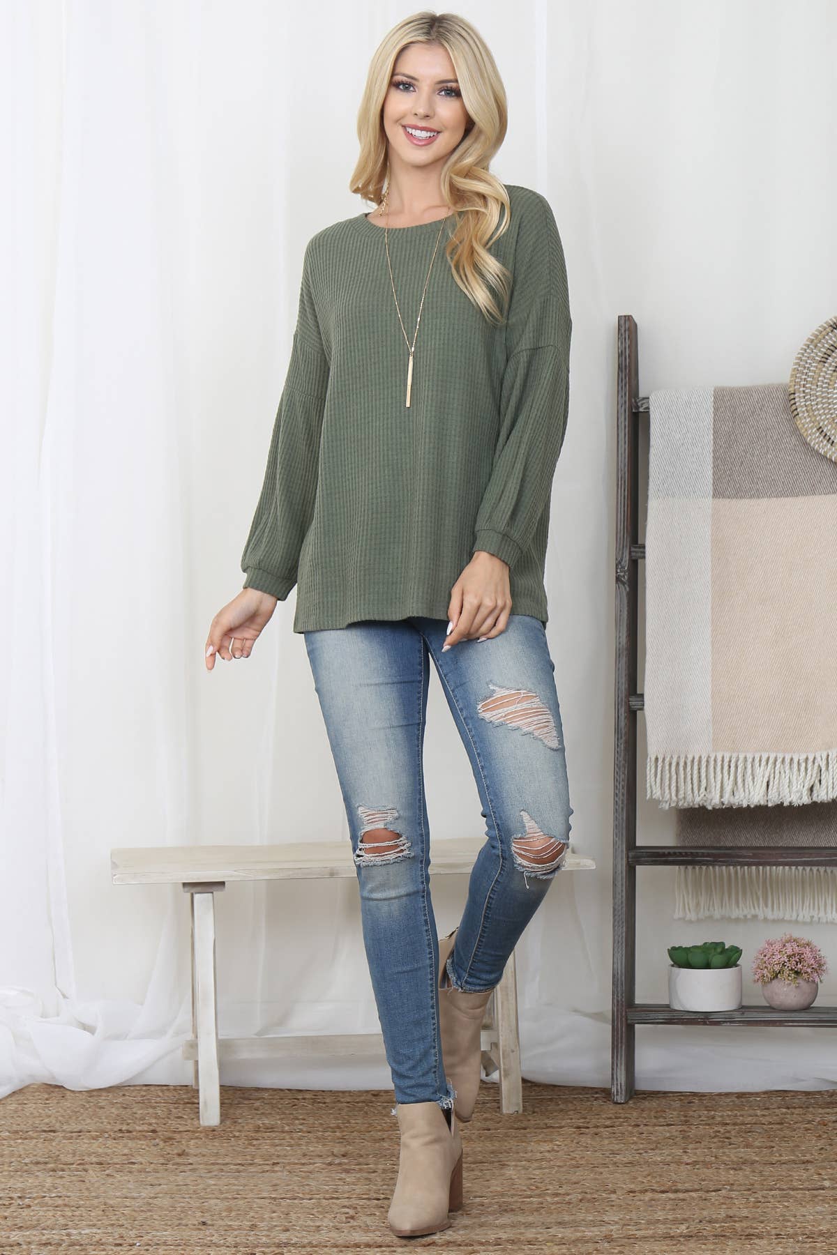 PUFF SLEEVE BOATNECK WAFFLE TUNIC
