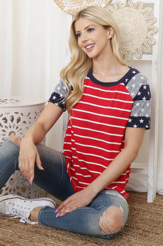 STAR PRINTED SLEEVE STRIPE RAGLAN TOP
