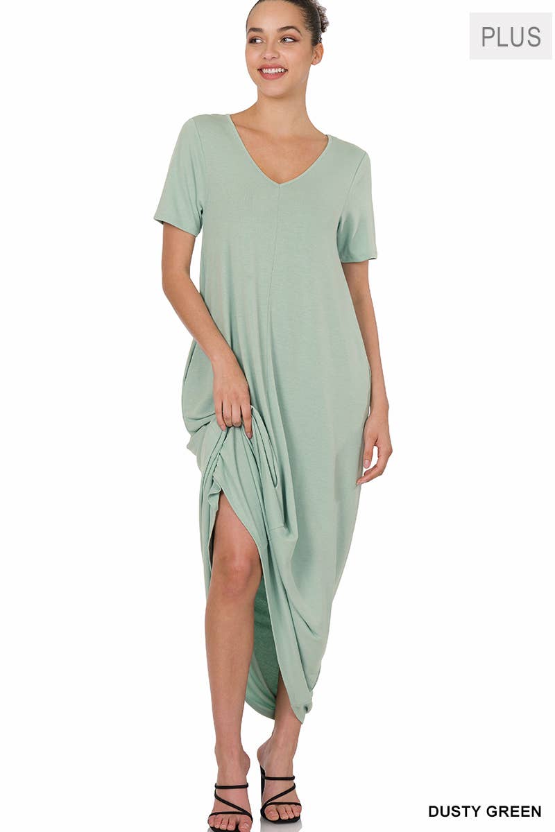 Plus V-neck Short Sleeve Maxi Dress With Side Pockets
