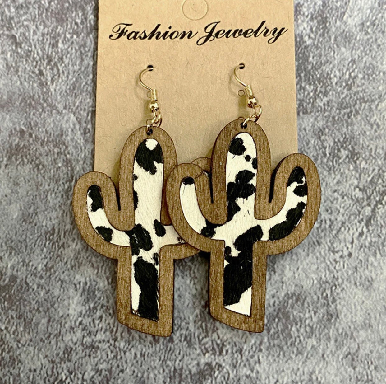 Cowhide and Cheetah Wood Dangle Cactus Earrings