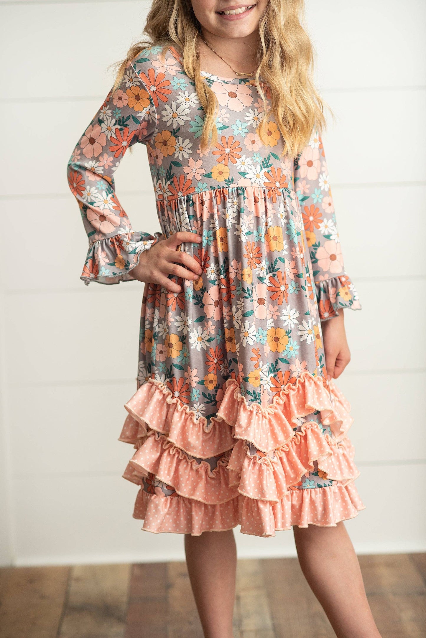 Girls Floral Long Sleeve Ruffle Dress