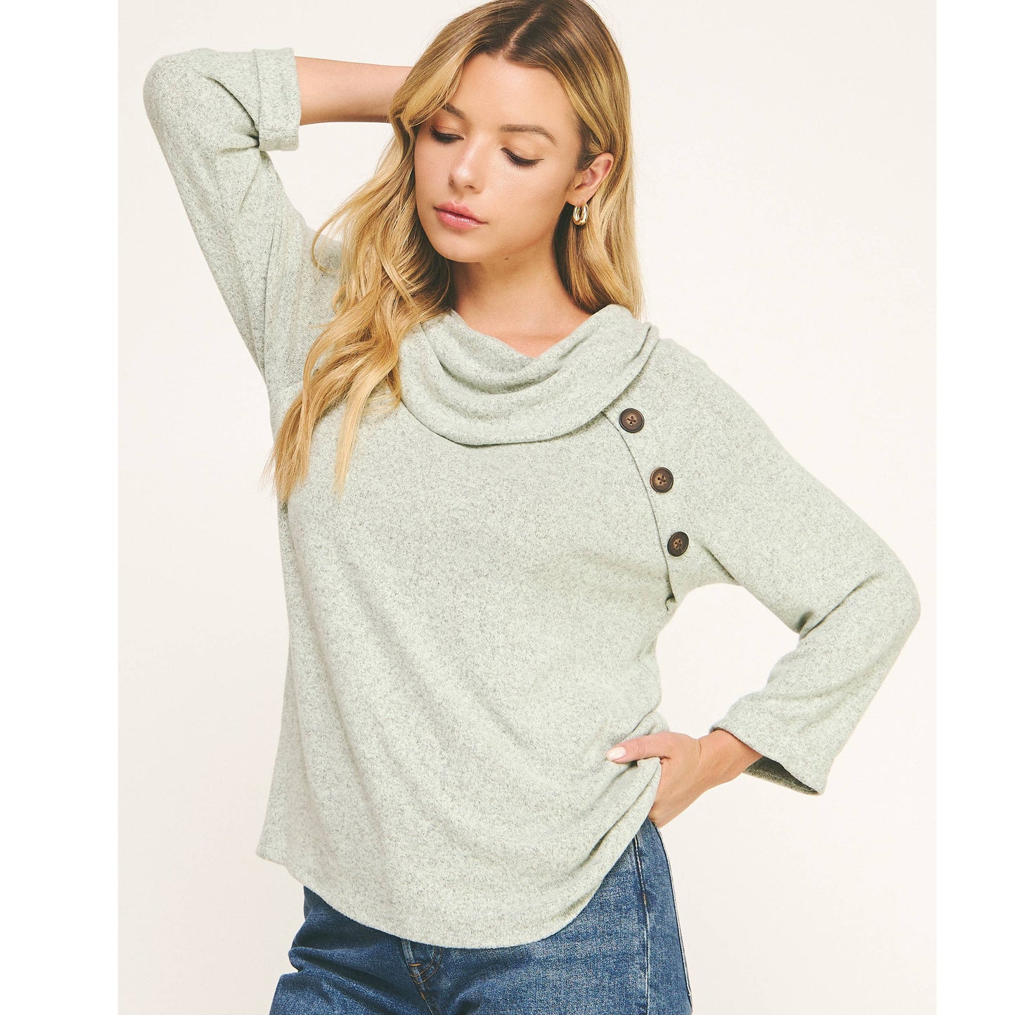 COWL NECK SWEATER WITH BUTTON ACCENTS