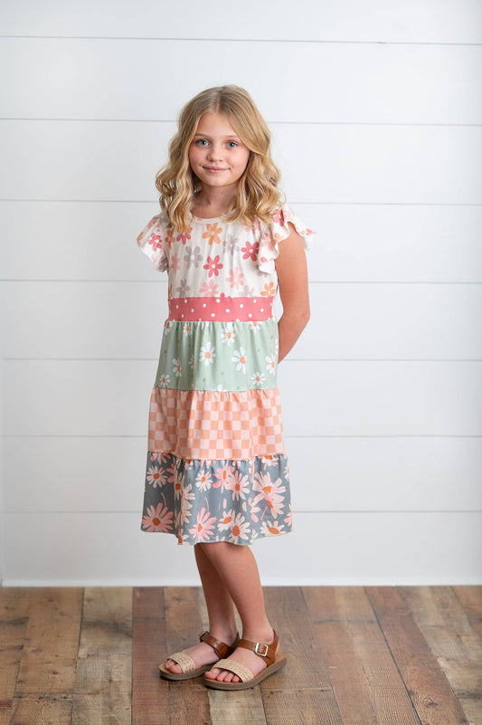 Kids Daisy & Checkered Tiered Dress