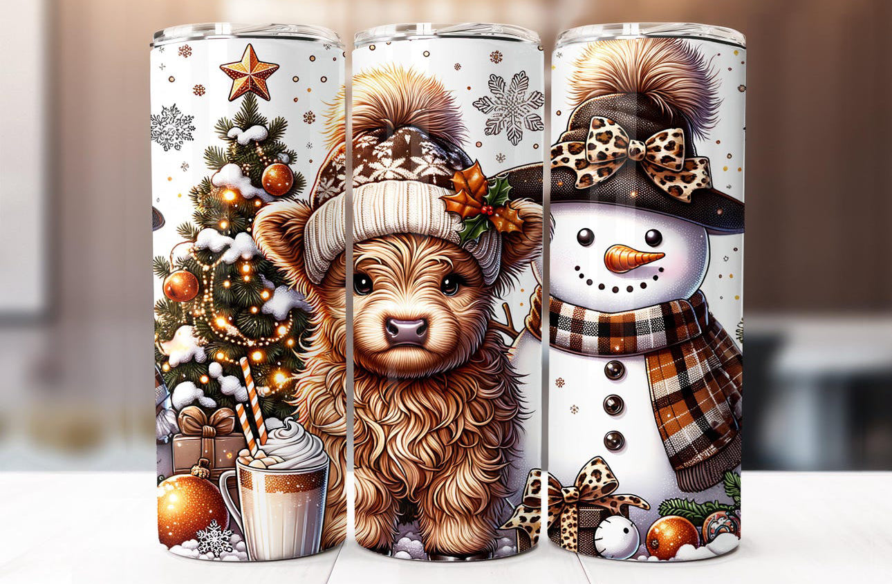 20oz. Tumbler Snowman Highland Cow Christmas Design