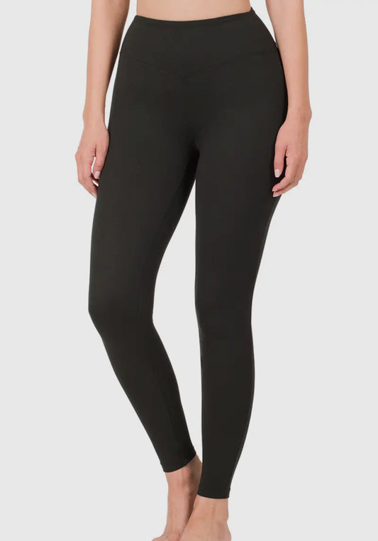 Brushed Microfiber Wide Waistband Leggings- Black