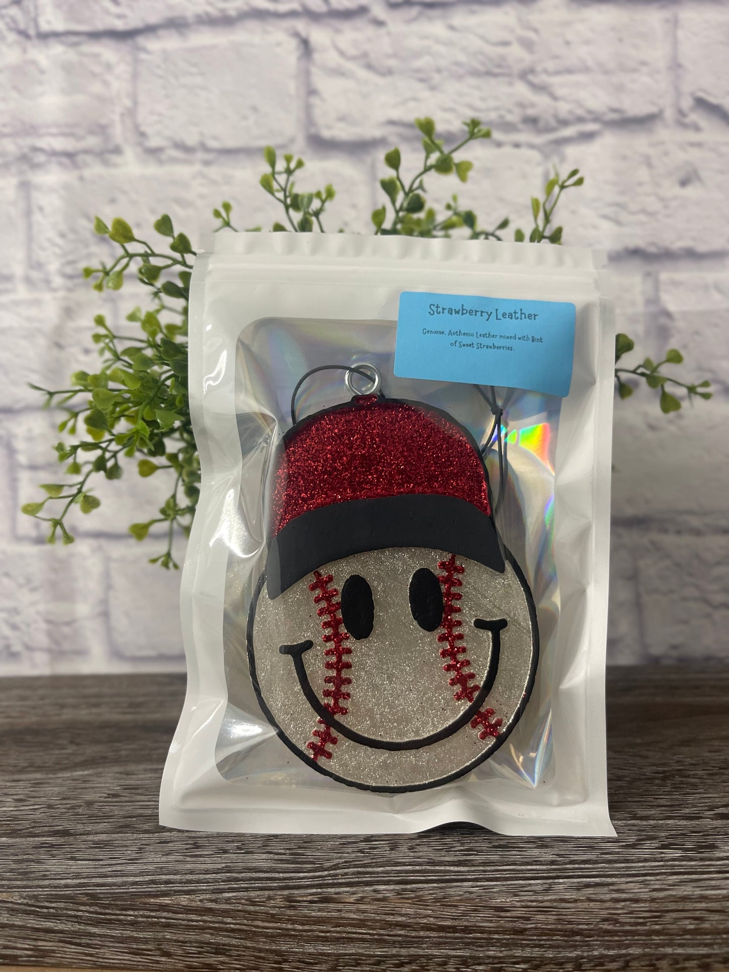 Strawberry Leather- Glitter Baseball Smiley Freshie