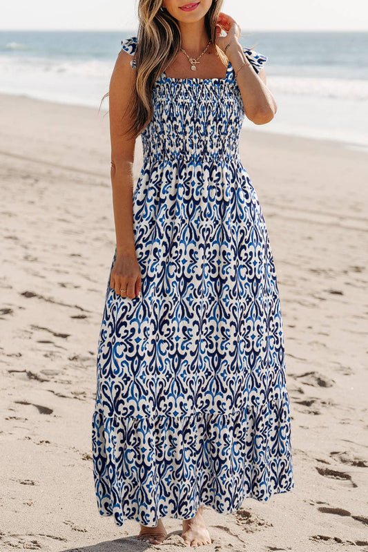 Boho Print Smocked High Waist Maxi Dress