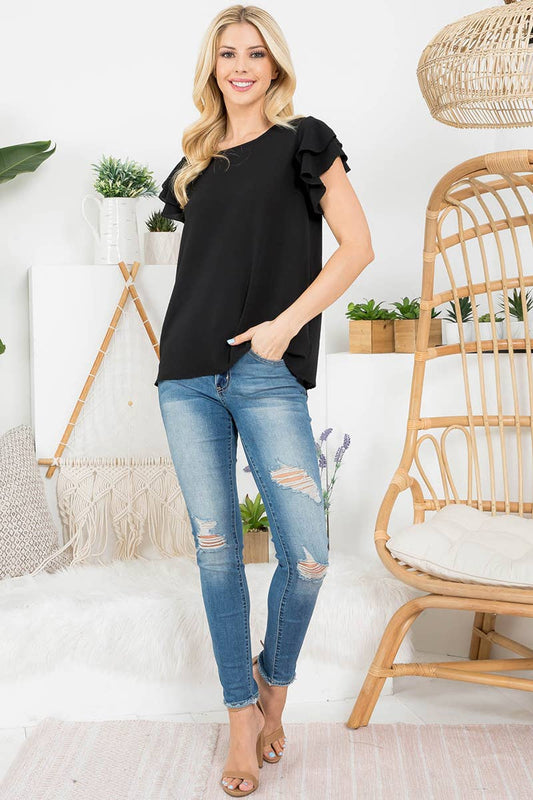 PLUS SIZE LAYERED RUFFLE SLEEVE ROUND NECK