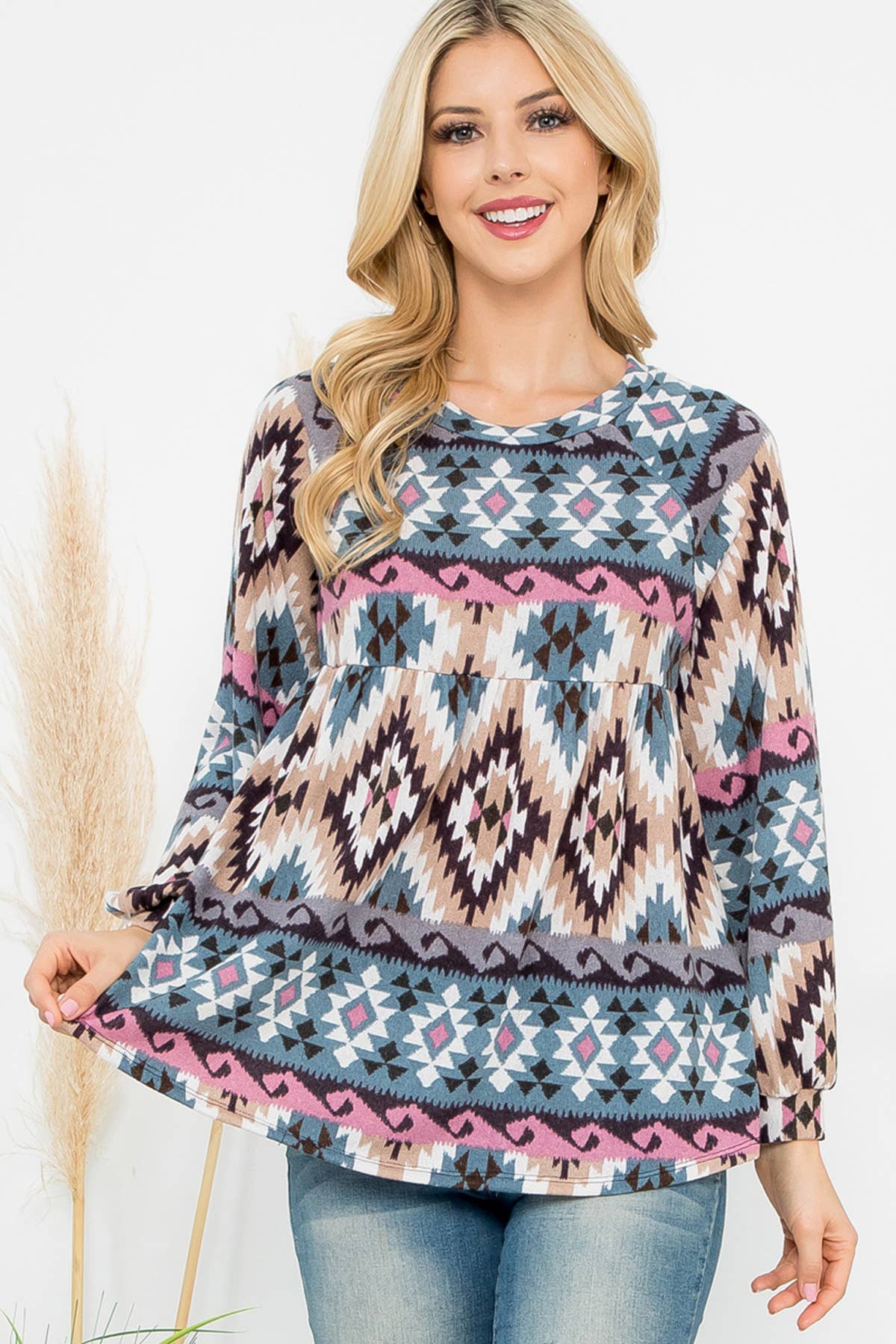 LONG PUFF SLEEVE AZTEC PRINTED TOP