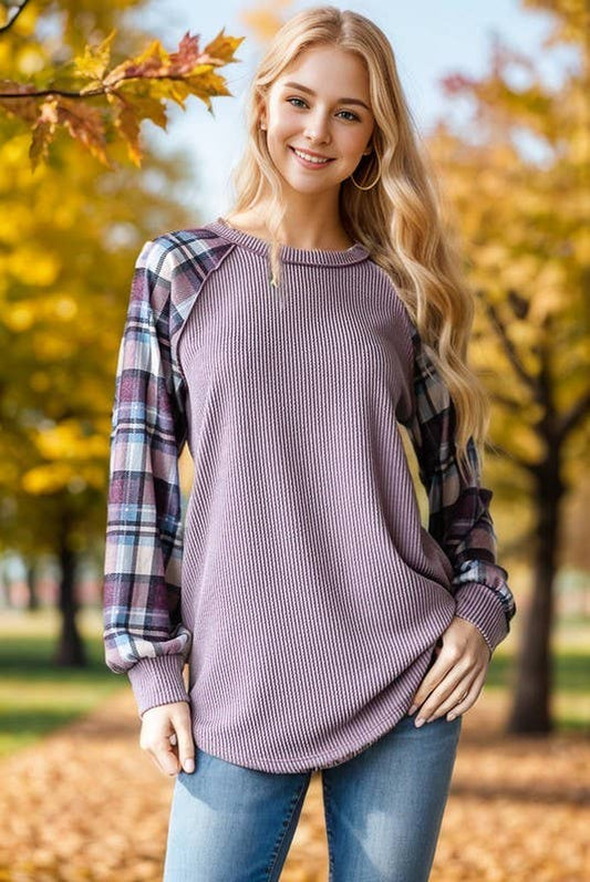 LONG PUFF SLEEVE SOLID URBAN RIBBED AND PLAID TOP