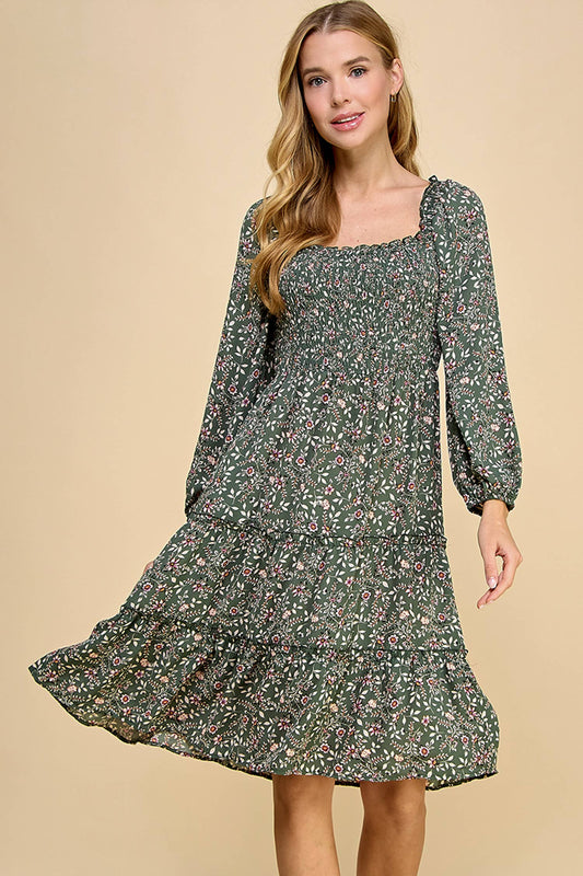 TIERED DRESS W/SMOCKING & LONG SLEEVE
