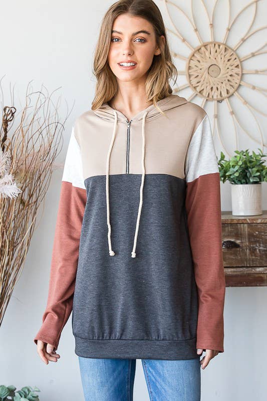 SOLID COLOR BLOCK HOODIE WITH ZIPPER