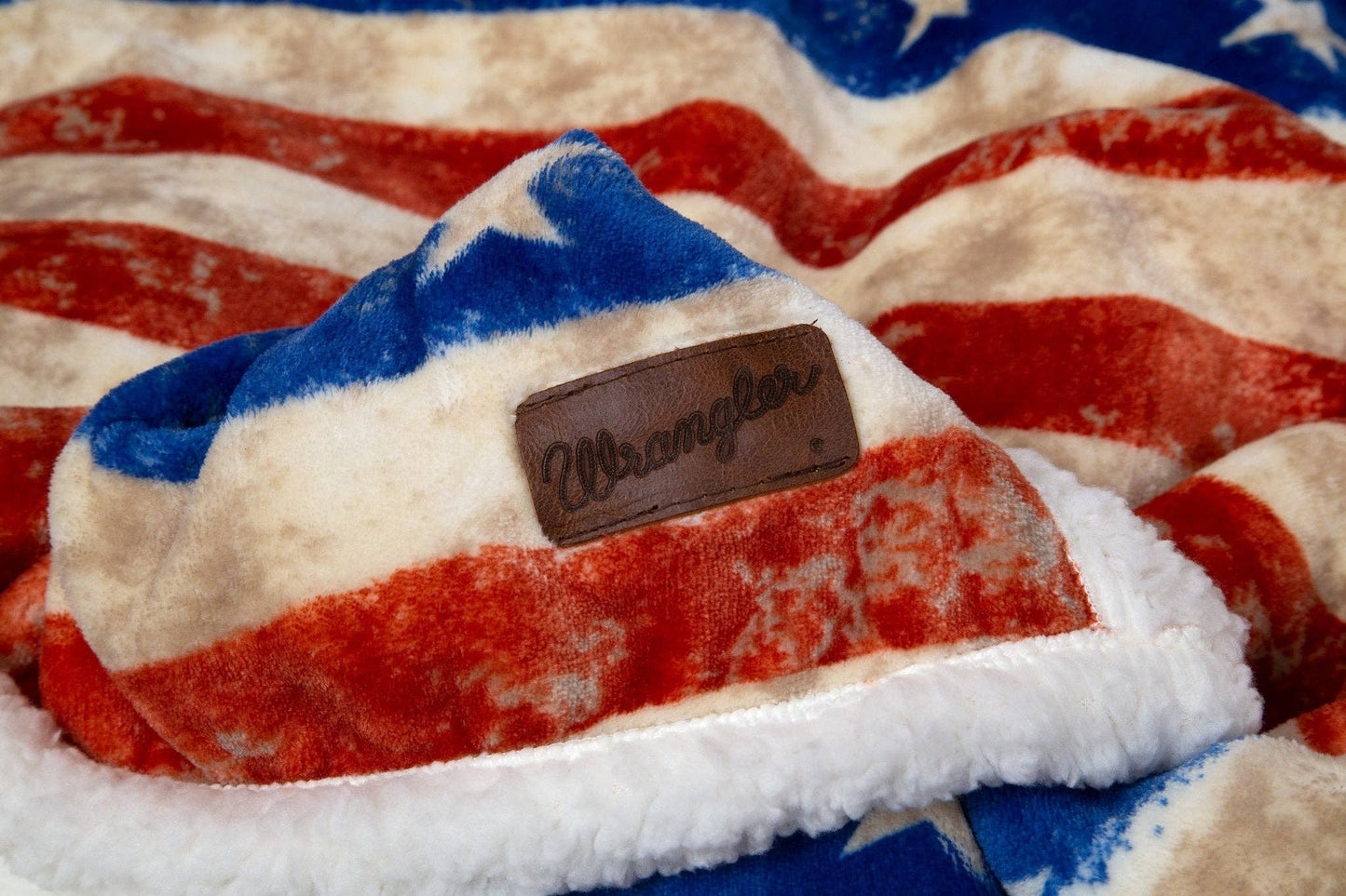 Wrangler Stars & Stripes USA American Flag Plush Fur Sherpa Borrego Fleece Throw Blanket
