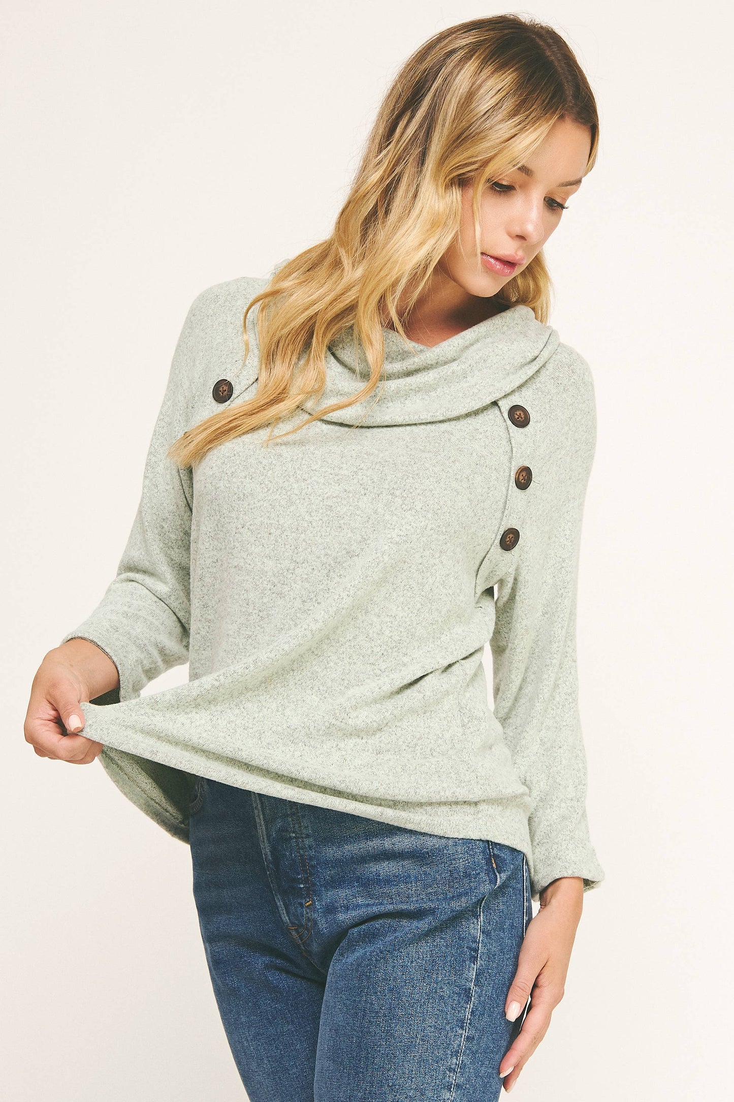 COWL NECK SWEATER WITH BUTTON ACCENTS