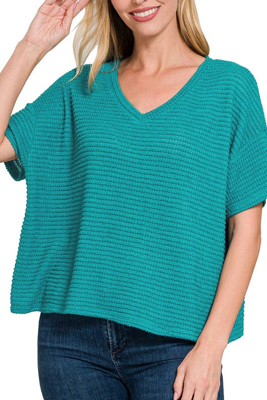 Drop Shoulder Short Sleeve Jacquard Sweater