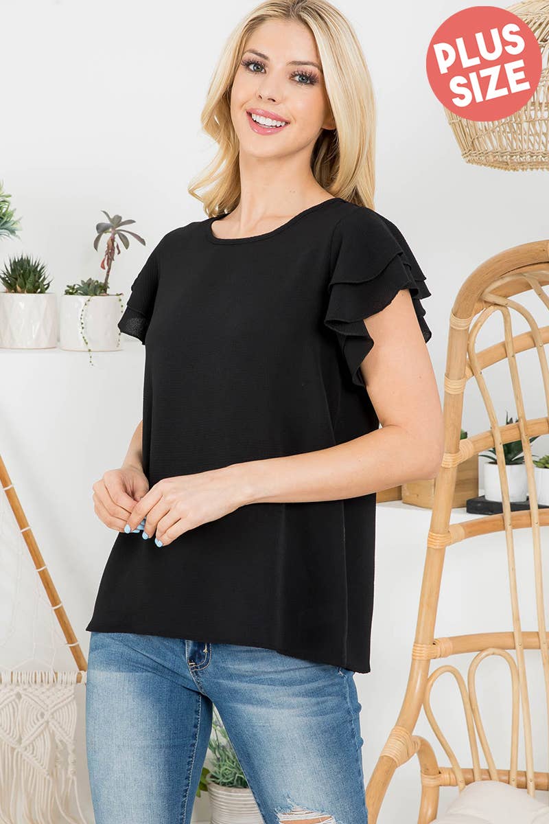 PLUS SIZE LAYERED RUFFLE SLEEVE ROUND NECK