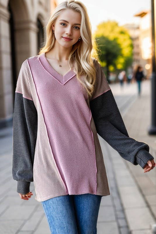 LAVENDER PUFF SLEEVE SOLID URBAN RIBBED COLOR BLOCK TOP