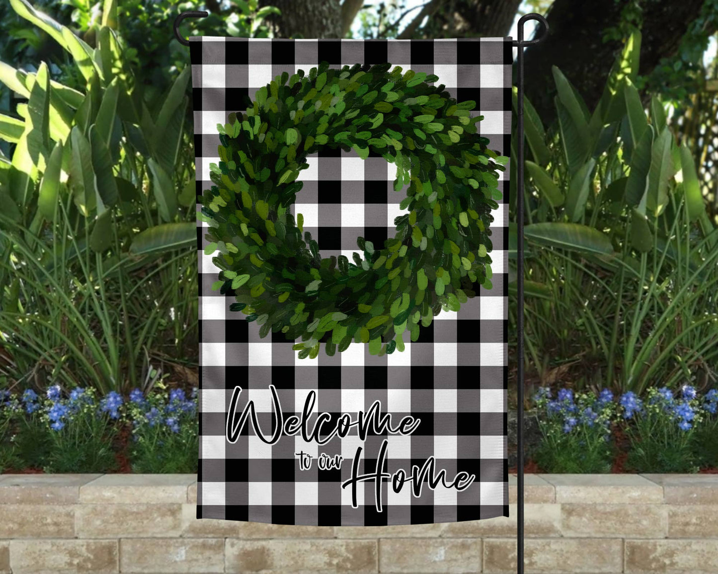 Garden Flag - Welcome to Our Home Boxwood and Buffalo Plaid