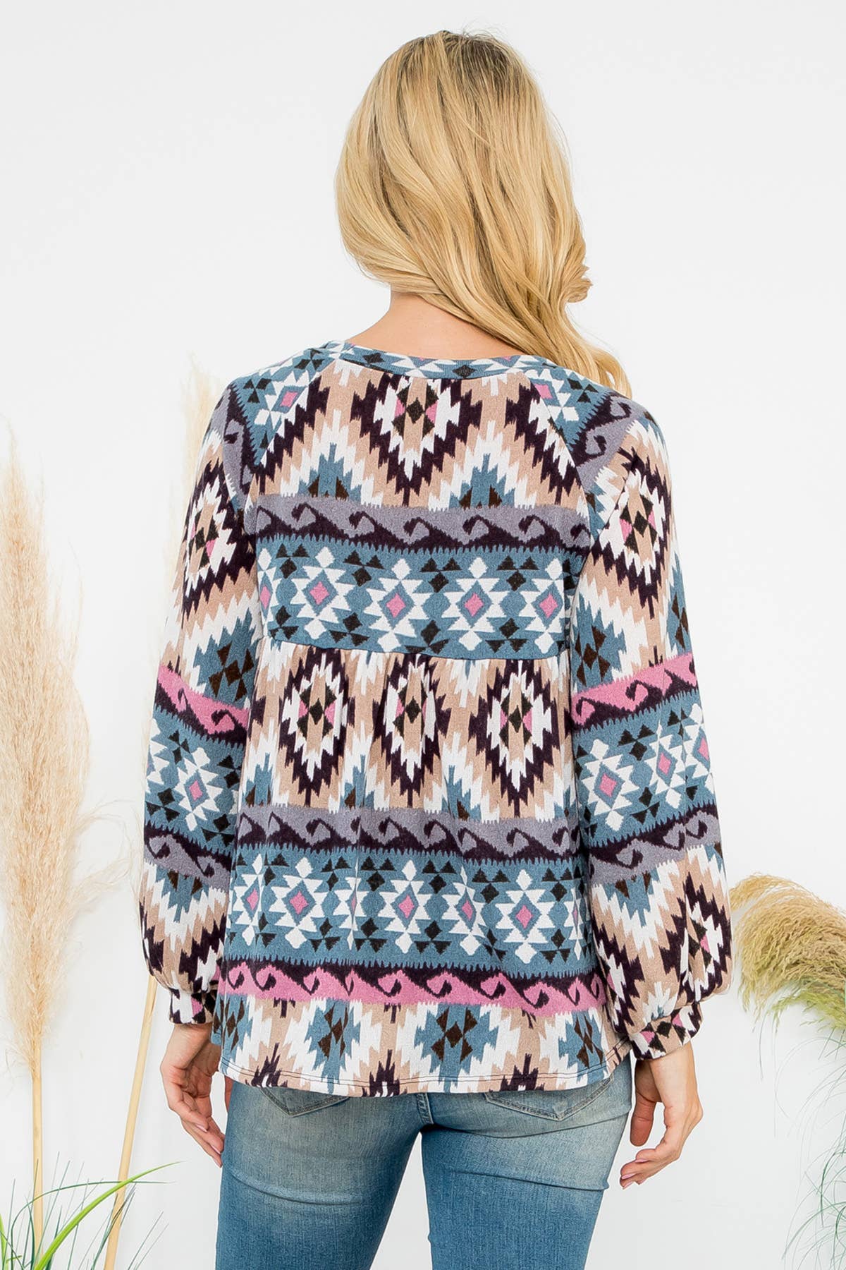 LONG PUFF SLEEVE AZTEC PRINTED TOP