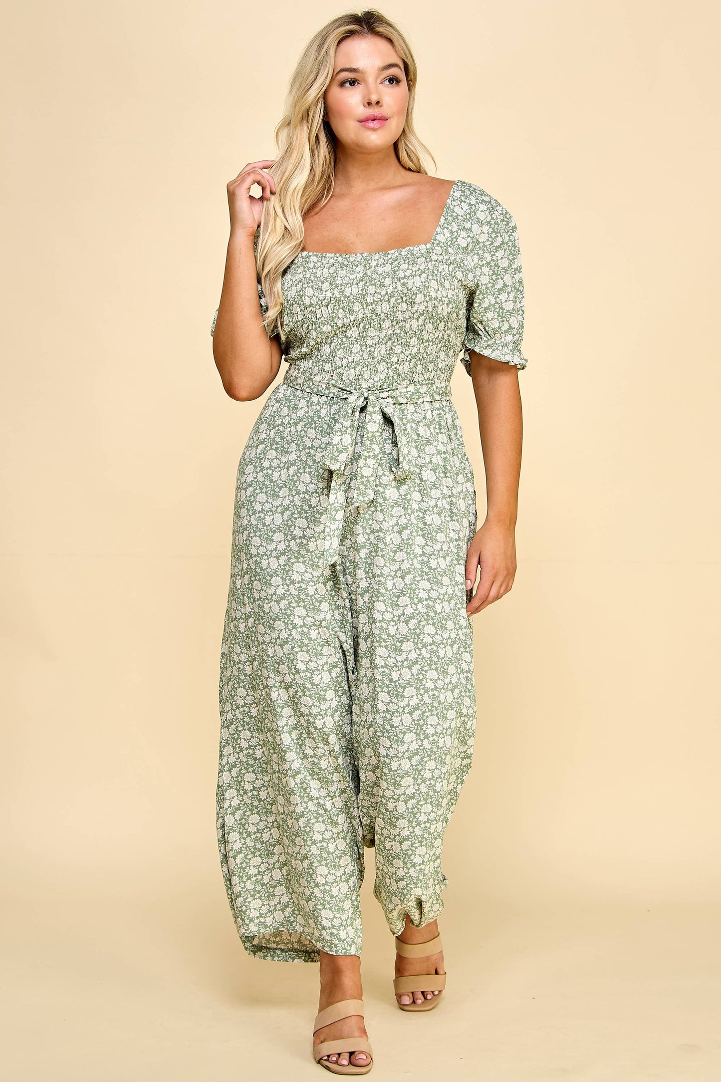 PLUS SIZE SMOCKED TOP PEGGED LEG GAUCHO JUMPSUIT