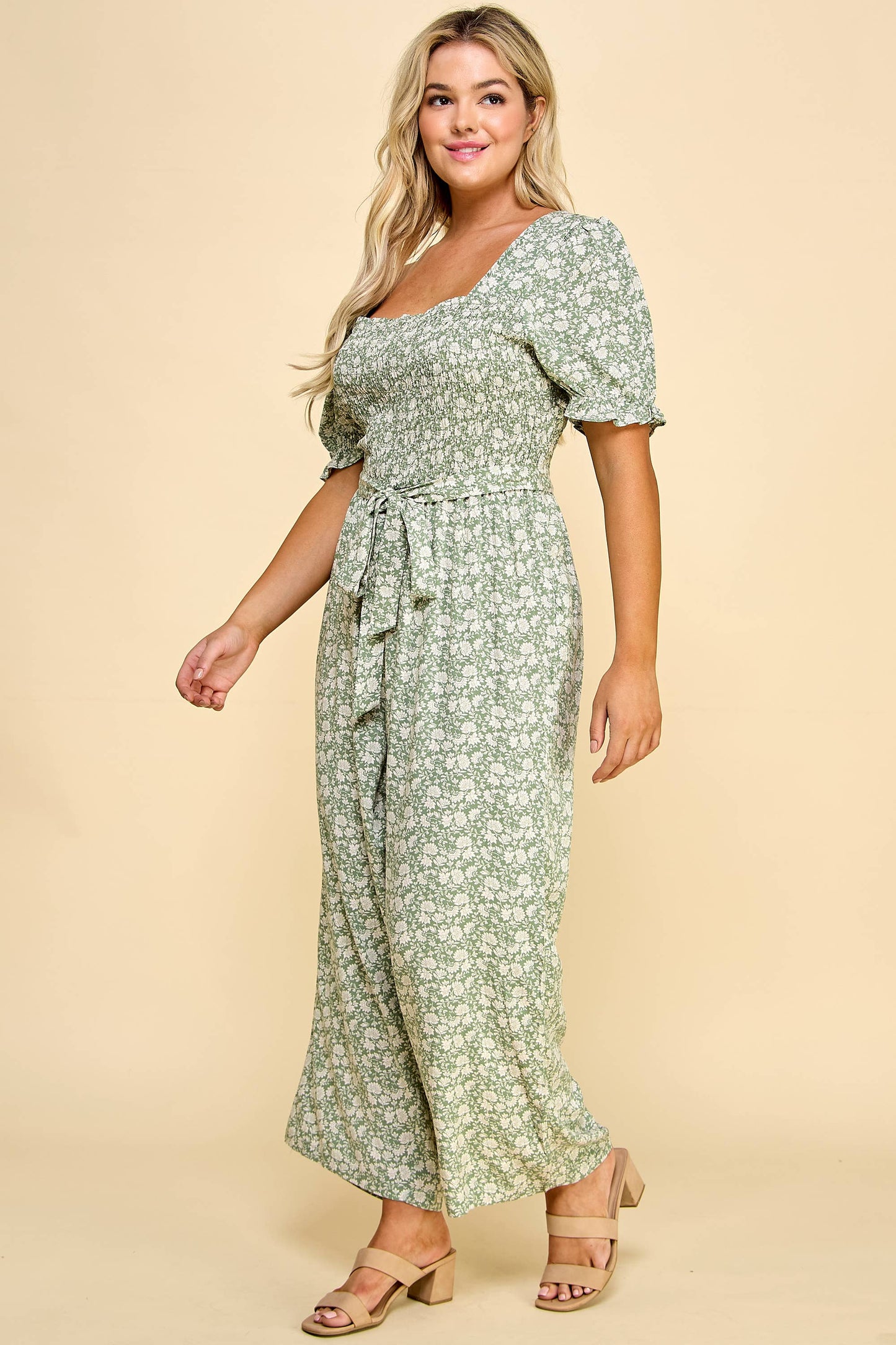 PLUS SIZE SMOCKED TOP PEGGED LEG GAUCHO JUMPSUIT