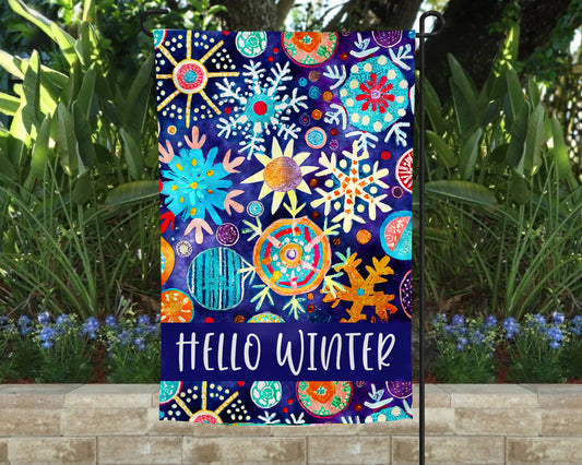 Garden Flag - Hello Winter Snowflakes