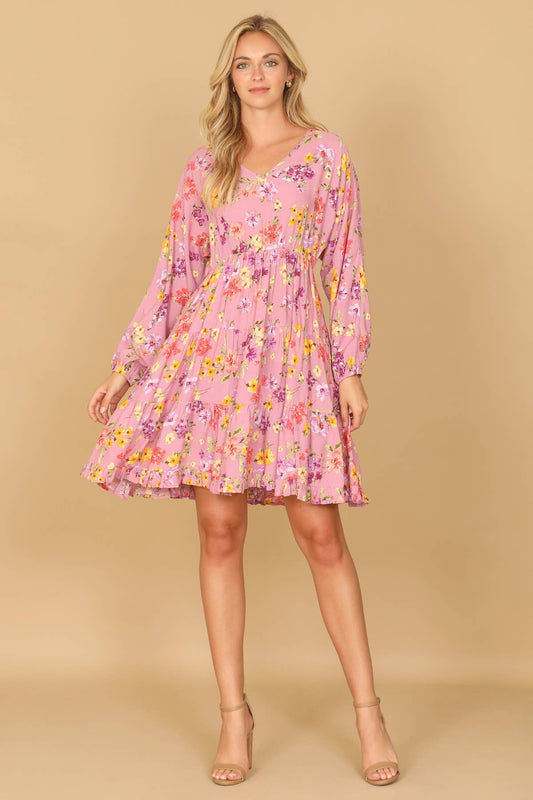 V-NECK FLORAL LONG SLEEVE TIERED DRESS