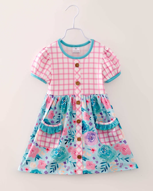 Pink Blue Plaid Flower Pocket Girl Dress