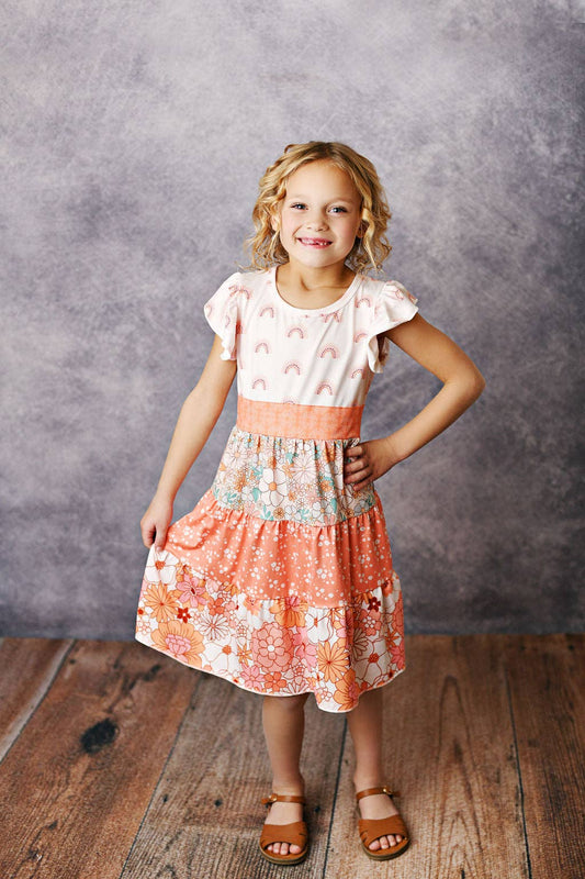 Kids Boho Floral & Rainbow Tiered Dress