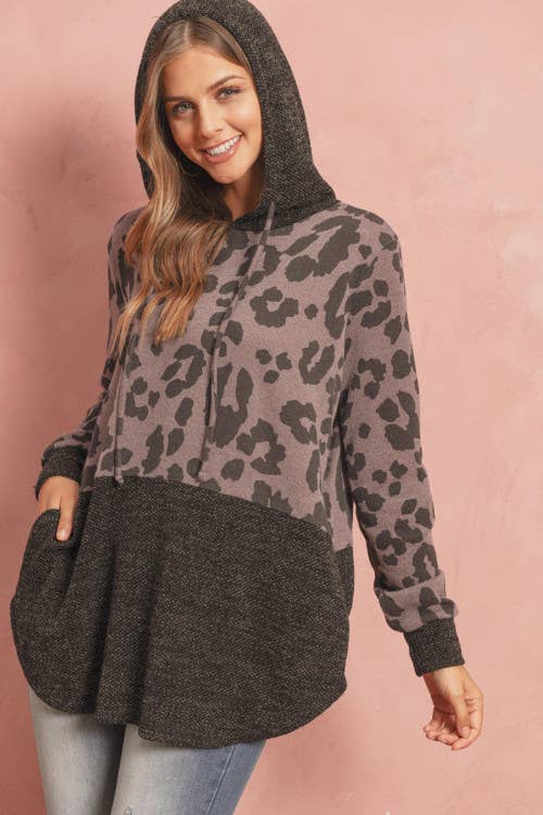 Leopard Print Drake Contrast Hoodie With Drawstrings