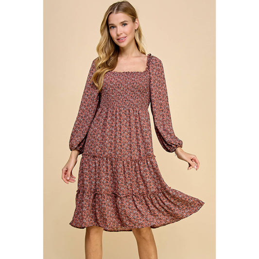 TIERED DRESS W/SMOCKING & LONG SLEEVE