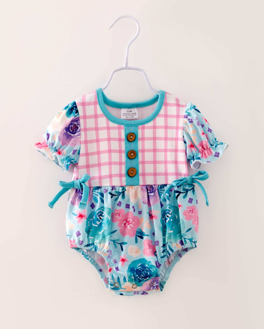 Pink Blue Plaid Flower Baby Girl Romper