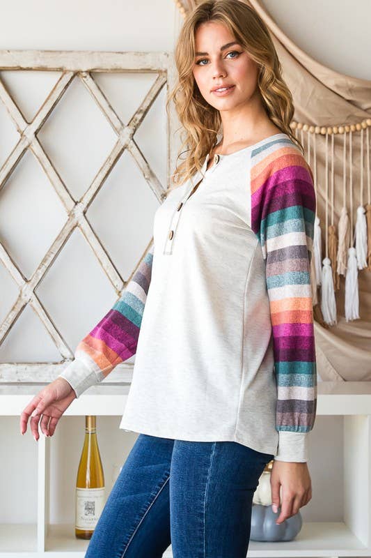 SPLIT NECK SOLID AND STRIPE TOP WITH BUTTON