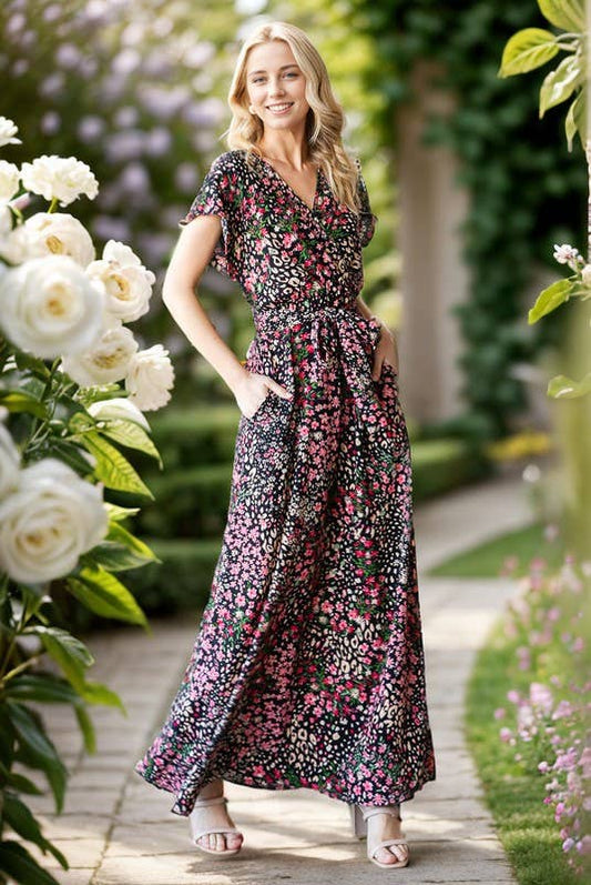 SHORT SLEEVE FLORAL PRINT MAXI DRESS