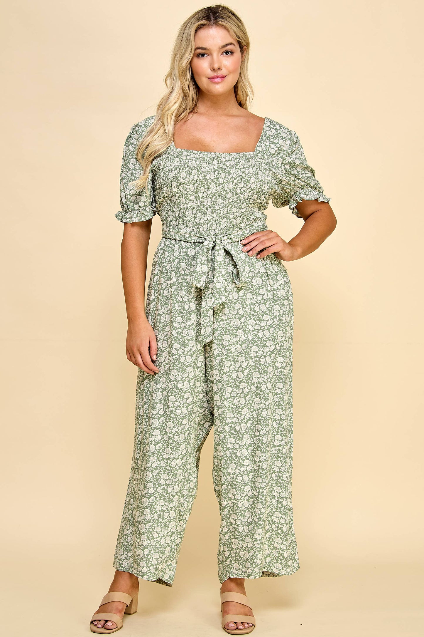 PLUS SIZE SMOCKED TOP PEGGED LEG GAUCHO JUMPSUIT