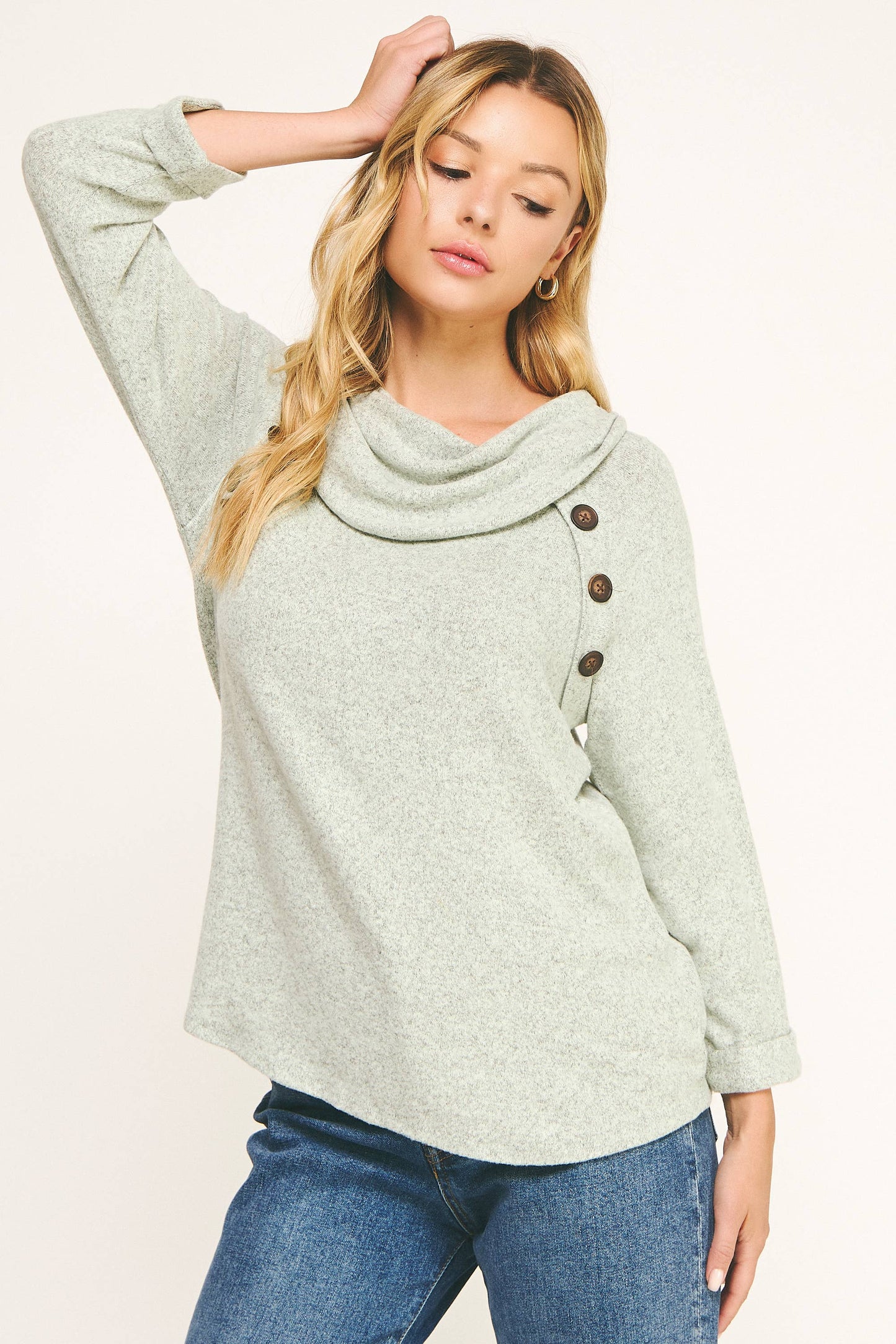 COWL NECK SWEATER WITH BUTTON ACCENTS