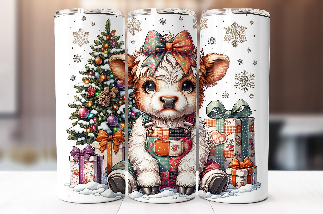 20oz. Tumbler Highland Cow in Overalls Christmas Design