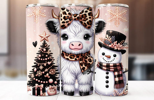 20oz. Tumbler Leopard Print Highland Cow Christmas Design
