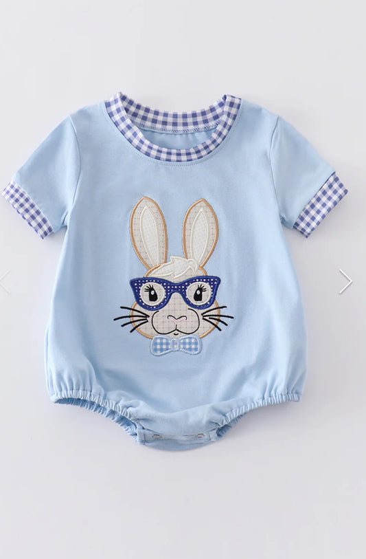 Blue plaid Easter Bunny with glasses Appliqué Boy Bubble